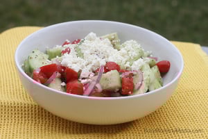 Cucumber, onion, and tomato salad with feta - this is a fantastic summer side dish!