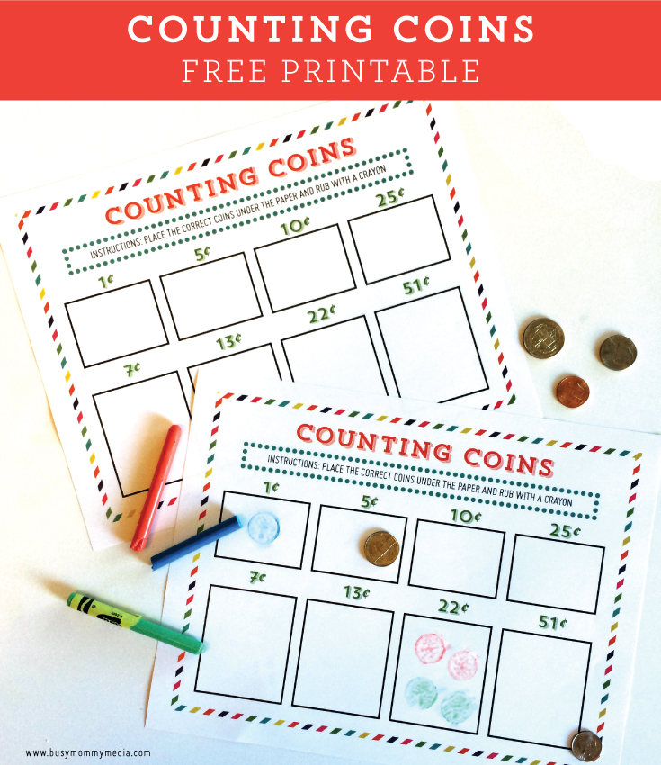 Crayon Rubbing Coin Counting Printable on BusyMommyMedia.com