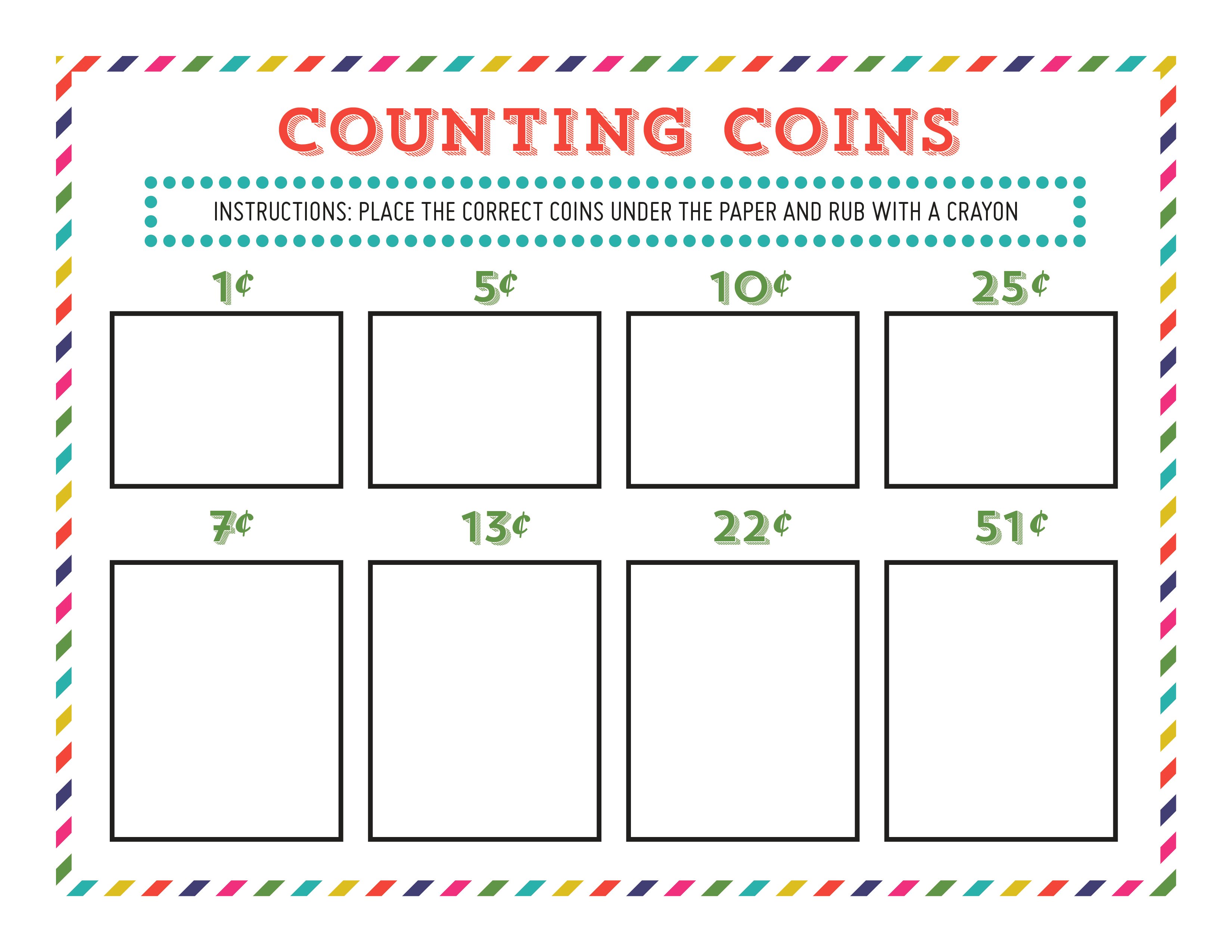 Crayon Rubbing Coin Counting Printable on BusyMommyMedia.com