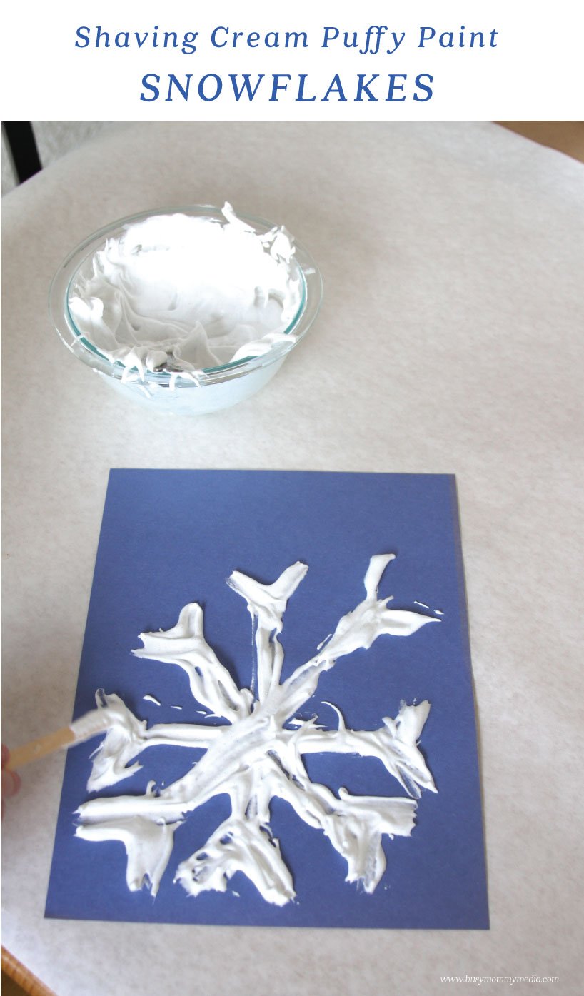 Shaving Cream Puffy Paint Snowflakes on BusyMommyMedia.com