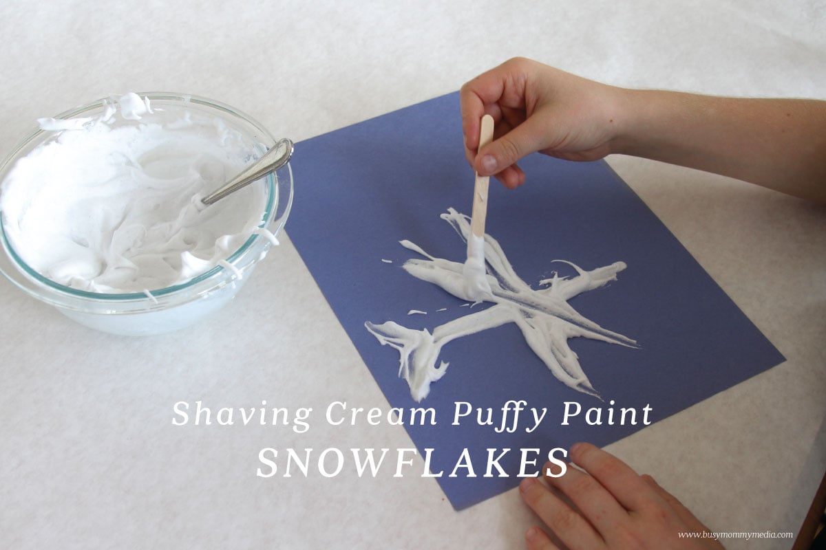 Shaving Cream Puffy Paint Snowflakes on BusyMommyMedia.com