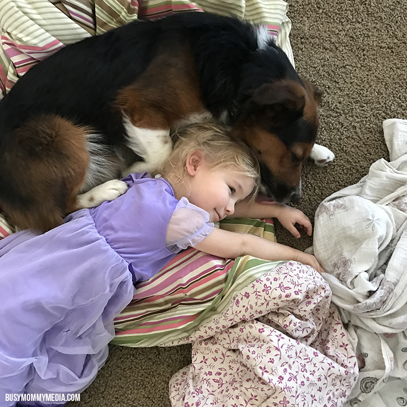Dog cuddling with Toddler