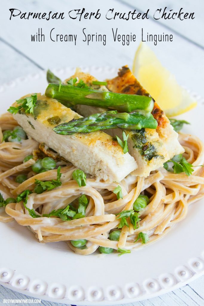 Parmesan Herb Crusted Chicken with Creamy Spring Veggie Linguine
