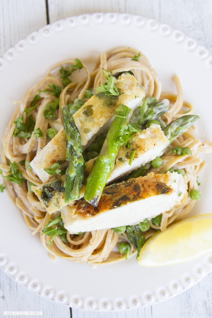 Parmesan Herb Crusted Chicken with Creamy Spring Veggie Linguine