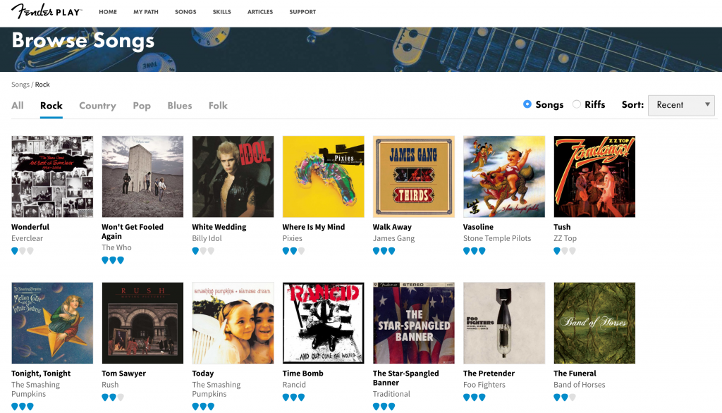 Fender Play song selection
