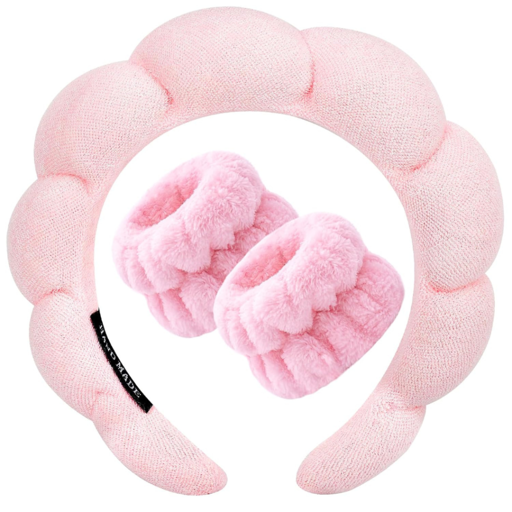 a pink slippers and a pink headband