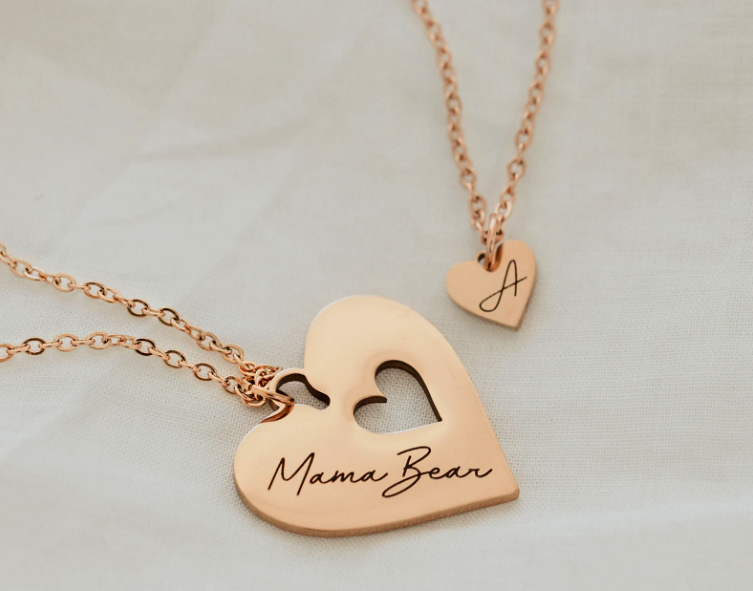 Personalized Mother Daughter Heart Necklace Set